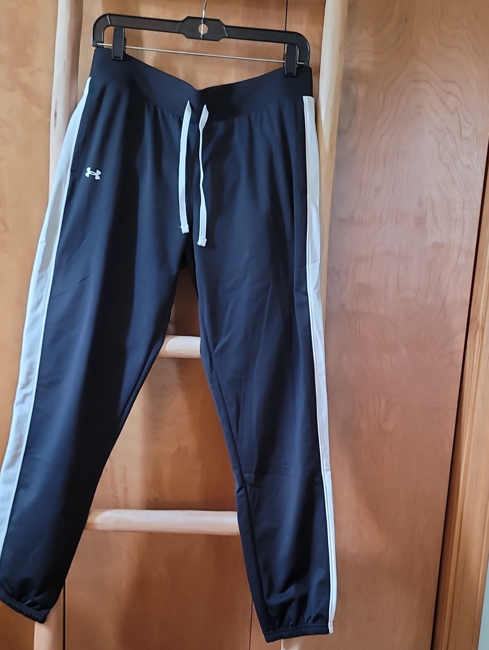 Under Armour Black Track Pants with White Side Stripes and Drawstring